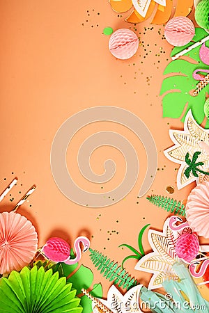 Festive background. Tropical theme. Hawaii. Party, birthday. View from above. Flat lay. Stock Photo