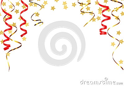 Festive background with twisted ribbons and golden star confetti Stock Photo