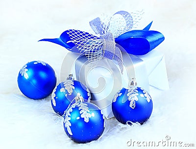 Festive balls with gift box Stock Photo