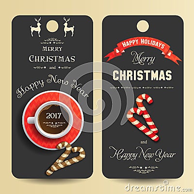 Festive banners with the inscription greeting Merry Christmas and Happy New Year. Coffee, gingerbread and holiday candies. Happy Vector Illustration