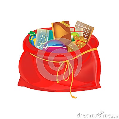 Festive beautiful, big New Year`s bag, with gifts, games, sweets. Vector Illustration