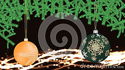 Festive beautiful Christmas card with New Year`s round green yellow balls, Christmas decorations with a frame made of fir branches Vector Illustration