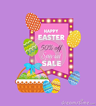 Festive, beautiful, Easter baskets with painted eggs, flowers, bakery products. Vector Illustration