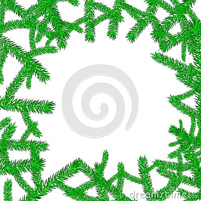 Festive beautiful natural Christmas frame with green coniferous fir-tree branches with needles for the new year isolated Vector Illustration