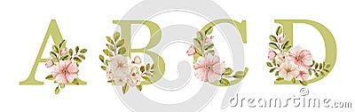 Festive beautiful watercolor alphabet with delicate pink spring flowers Stock Photo