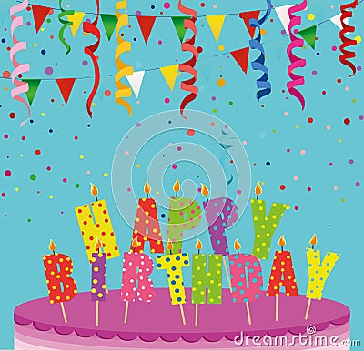 A festive big cake with candles. Letters Happy Birthday. Confetti Stock Photo