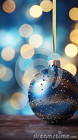A Festive Blue Christmas Ornament Adorning a Wooden Table Stock Photo
