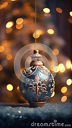 A Festive Blue Christmas Ornament Hanging from a String Stock Photo