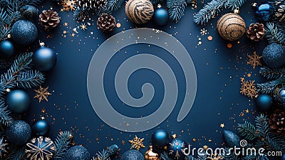 Festive Blue Frame with Copy Space for Christmas Greetings and New Year Wishes - Dark Holiday Decorations Background Stock Photo
