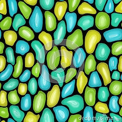Festive Bright multi-colored seamless pattern. Pencil drawing nacreous green, yellow and blue stones on black background. Stock Photo