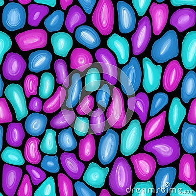 Festive Bright multi-colored seamless pattern. Pencil drawing nacreous pink, purple, turquoise and blue stones on black background Stock Photo