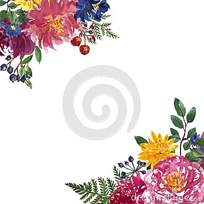 Festive burgundy and yellow flowers card border with green foliage, isolated on white background. Autumn floral holidat frame Cartoon Illustration