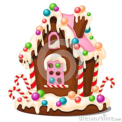 Festive cake in shape of village house decorated in Christmas style isolated on white background. Sweet festive pastries Vector Illustration