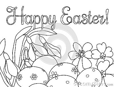 Festive card Easter eggs and spring flowers black and white out Cartoon Illustration