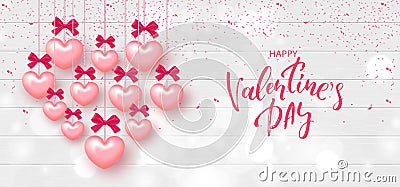 Festive Card for Happy Valentine`s Day. Background with Realistic Hearts and confetti on Wooden Texture. Vector Illustration. Stock Photo