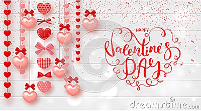 Festive Card for Happy Valentines Day. Background with Hearts and beautiful Lettering on Wooden Texture. Vector Illustration. Stock Photo