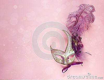 Festive Carnival Background with masks with feathers and copy sp Stock Photo