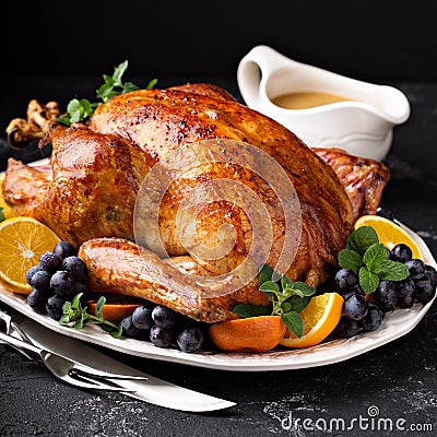 Festive celebration roasted turkey for Thanksgiving Stock Photo