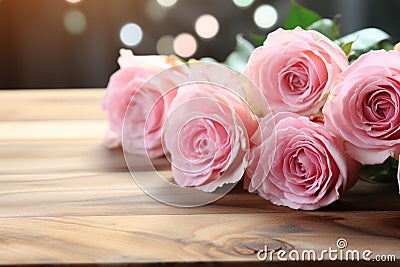 Festive charm Close up of soft pink roses on rustic board Stock Photo