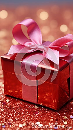 Festive charm Red gift box adorned with shimmering holiday tinsel Stock Photo