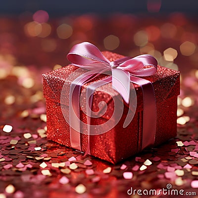 Festive charm Red gift box adorned with shimmering holiday tinsel Stock Photo