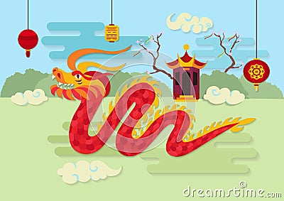 Red dragon and traditional oriental decorations Vector Illustration