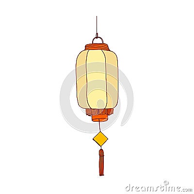 Festive Chinese paper lantern. Street lamp with glowing candle light in China. Asian holiday decor with fringe and loop Vector Illustration