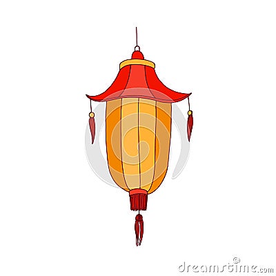 Festive Chinese street lantern with fringe, hanging on chord. Oriental traditional decorative collapsible paper light in Vector Illustration