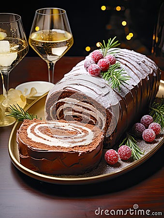 festive chocolate Christmas Yule log adorned with cranberries, rosemary, and powdered sugar and two sparkling glasses of champagne Stock Photo