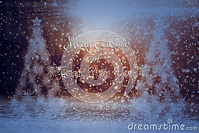 Festive Christmas background with Christmas tree, snow and rays Stock Photo