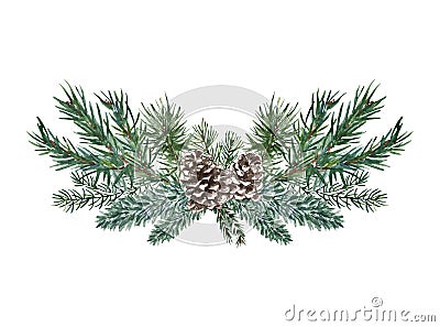 Festive Christmas border with winter green branches, pine cones, isolated. Watercolor arrangement Cartoon Illustration