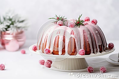 Festive Christmas Bundt Cake with Sugared Cranberries Stock Photo