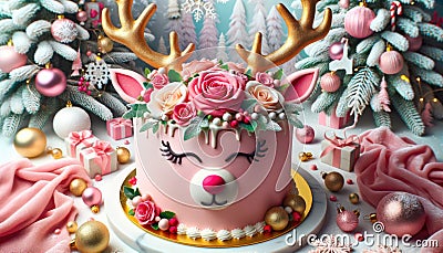 Festive Christmas cake adorned with gold reindeer antlers and roses. The cheerful cake among a backdrop of evergreen, baubles and Stock Photo