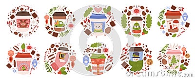 Festive Christmas Coffee Cups Collection, Adorned With Holiday Motifs Like Santa, Pine Tree Ideal For Sipping Warm Cheer Vector Illustration