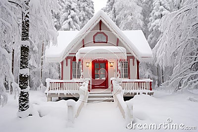 Festive christmas cottage with adorned porch and delicate wreath in snowy surroundings Stock Photo