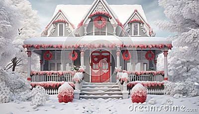 Festive christmas cottage with cozy ambiance and delicate wreath in snowy surroundings Stock Photo