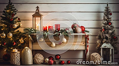 festive Christmas decor, incorporating vibrant fir branches, sparkling ornaments, and candles aglow on a wooden Stock Photo