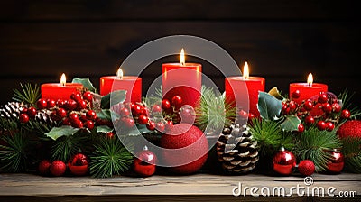 festive Christmas decor, incorporating vibrant fir branches, sparkling ornaments, and candles aglow on a wooden Stock Photo