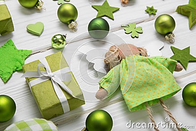 Festive christmas decoration in light green, white and golden co Stock Photo