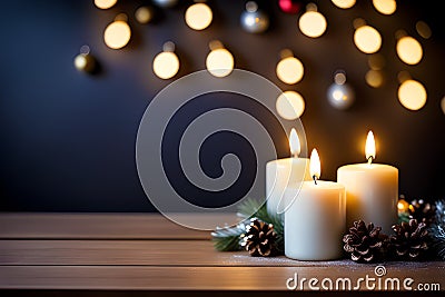 festive Christmas decorations elegantly arranged on a wooden table with lighted candles Stock Photo