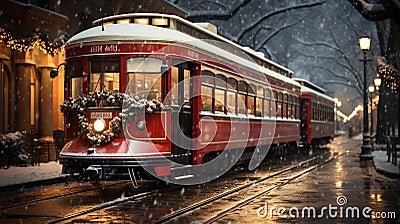 Red Christmas Decorated Town Trolley Driving Down the Street. Generative AI Stock Photo