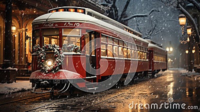 Festive Christmas Holiday Decorated Town Trolley Driving Downtown. Generative AI Stock Photo