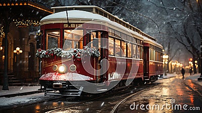 Christmas Holiday Decorated Town Trolley Driving Down the Street. Generative AI Stock Photo