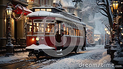 Festive Christmas Holiday Decorated Town Trolley Driving Down the Street. Generative AI Stock Photo