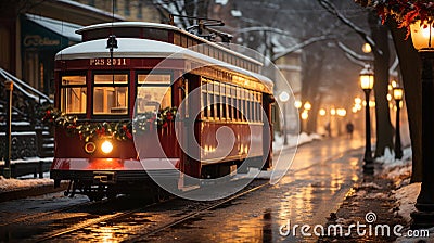 Festive Christmas Holiday Decorated Town Trolley Driving Down the Street. Generative AI Stock Photo