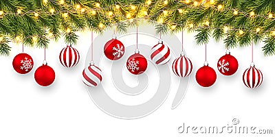 Festive Christmas or New Year Background. Christmas fir-tree branches with light garland and xmas red balls. Holiday`s Background Vector Illustration