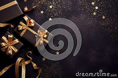 Festive Christmas new year celebration image with gift boxes stars and glitter on a black frosty background Generative AI Stock Photo