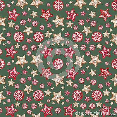 Festive Christmas and New Years background. Seamless pattern with gingerbread ornaments in scandinavian style. Stock Photo