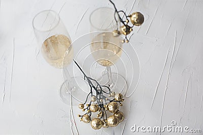 festive Christmas newyear champagne glasses with gold glittery decoration Stock Photo