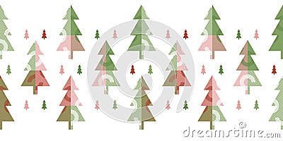 Festive Christmas park Border with colourful decorated geometric trees on white background. Vector Illustration